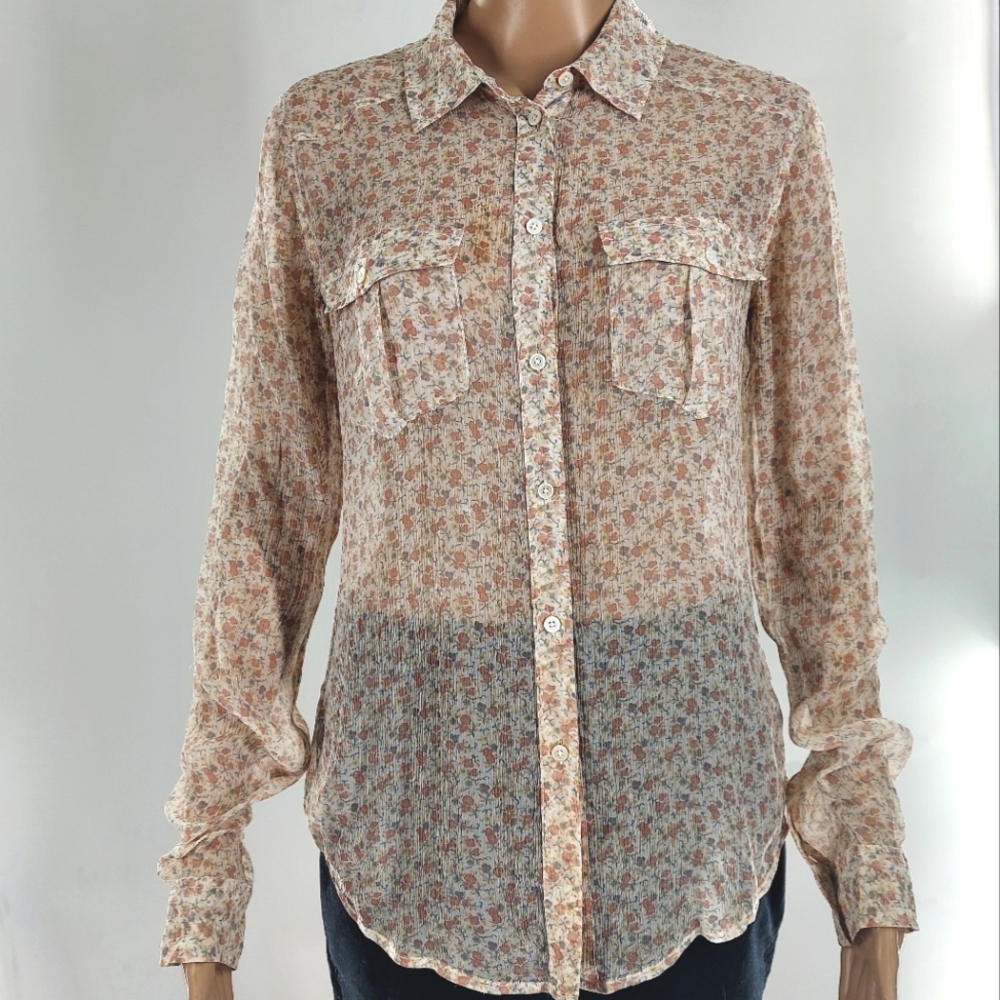 Paige Floral Silk Crepe Pocketed Button Up Shirt S
